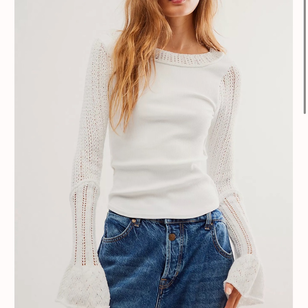 FP Movement by Free People White Long Sleeve Ribbed Top with Lace Sleeves